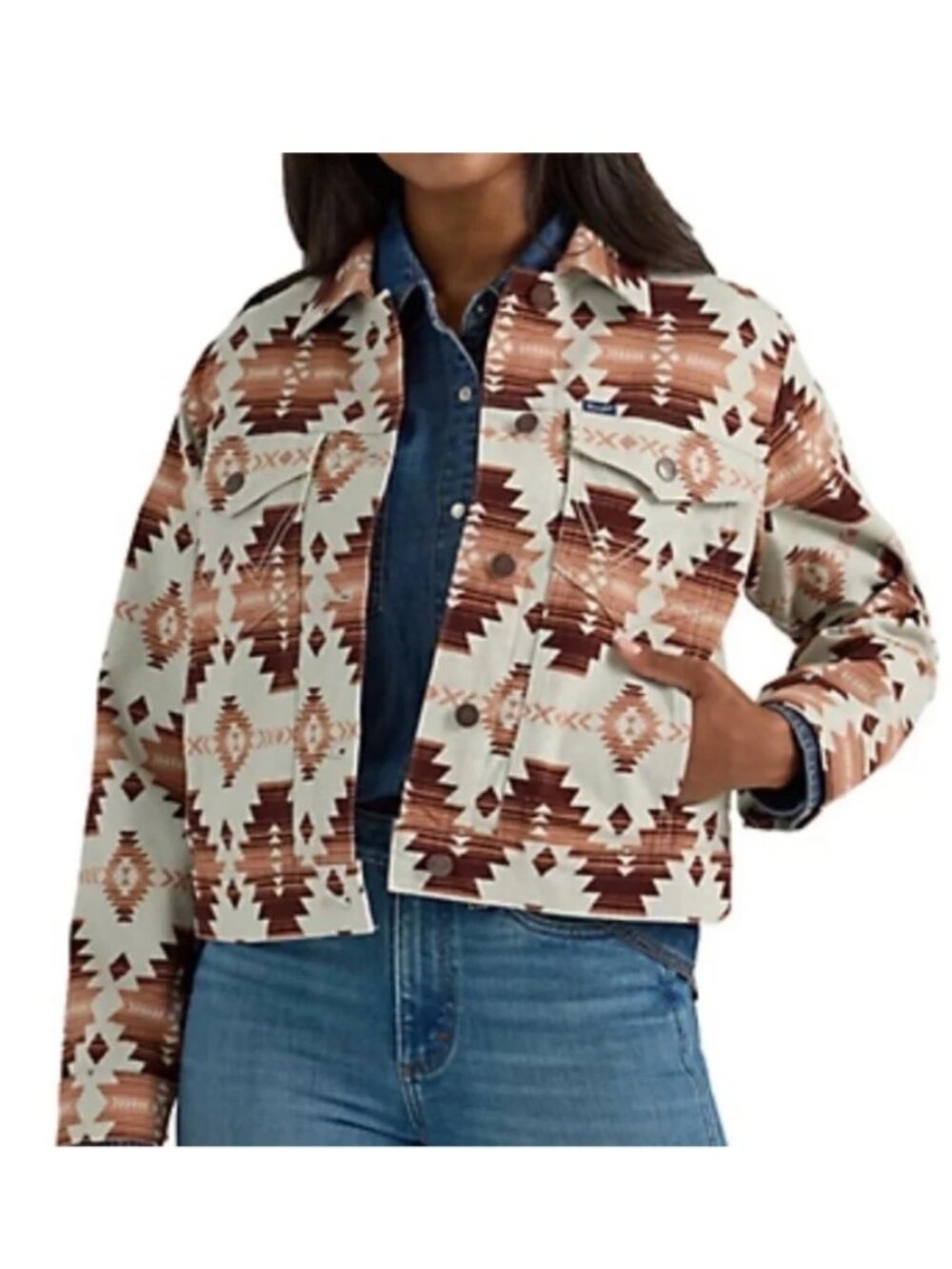 NWT Women's Wrangler Retro Aztec Southwestern Denim Jacket Cream Brown Large